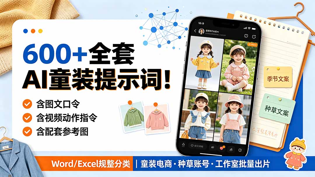 600+全套AI童装提示词!含图文口令+视频动作指令+配套参考图,Word/Excel规整分类,童装电商、种草无脑量产内容-800资源网
