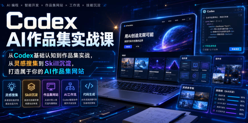 Codex AI作品集实战课,从Codex基础认知到作品集实战,从灵感搜集到Skill沉淀,打造属于你的AI作品集网站-800资源网