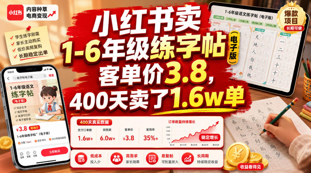 小红书卖1-6年级练字帖（电子版），客单价3.8，400天卖了1.6w单-800资源网
