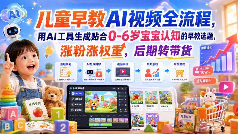 儿童早教AI视频全流程，用AI工具生成贴合0-6岁宝宝认知的早教选题，涨粉涨权重，后期转带货-800资源网