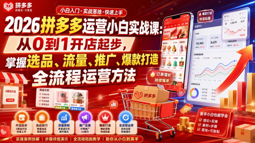 2026拼多多运营小白实战课：从0到1开店起步，掌握选品、流量、推广、爆款打造全流程运营方法-800资源网