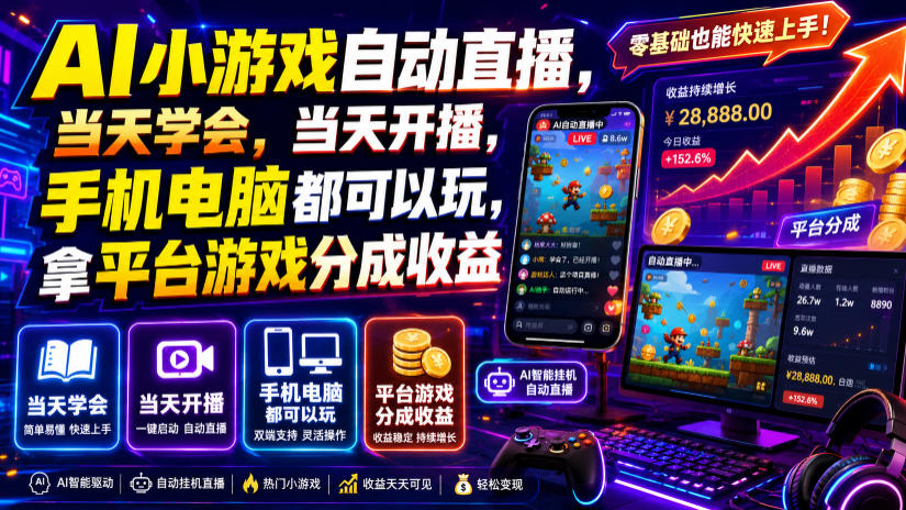 AI小游戏自动直播，当天学会，当天开播，手机电脑都可以玩，拿平台游戏分成收益-800资源网