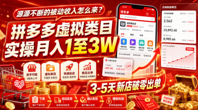 源源不断的被动收入怎么来？拼多多虚拟类目实操月入1至3W，3-5天新店破零出单-800资源网
