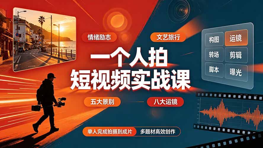 一个人拍短视频实战课：情绪励志文艺旅行多题材×五大景别×黄金构图×八大运镜，从拍摄到成片高效创作-800资源网