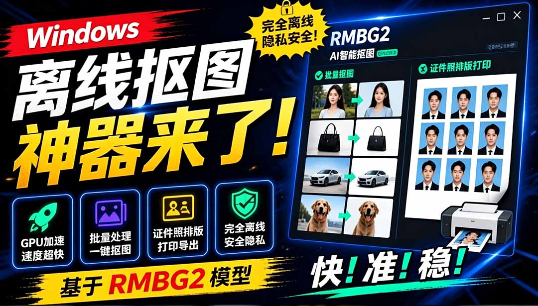 Windows离线抠图神器来了！支持批量抠图 + 证件照排版打印，基于RMBG2模型，GPU加速 方块AI抠图-800资源网
