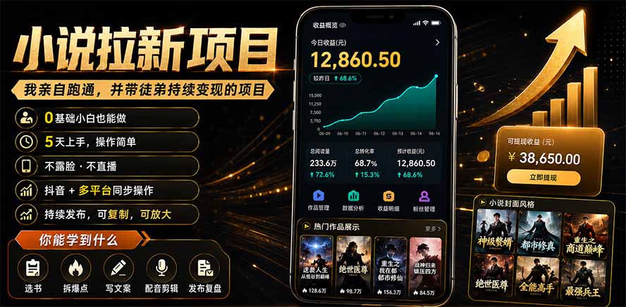 抖音及多平台小说拉新项目:我亲自跑通并持续带徒弟实操|0基础小白5天上手快速变现