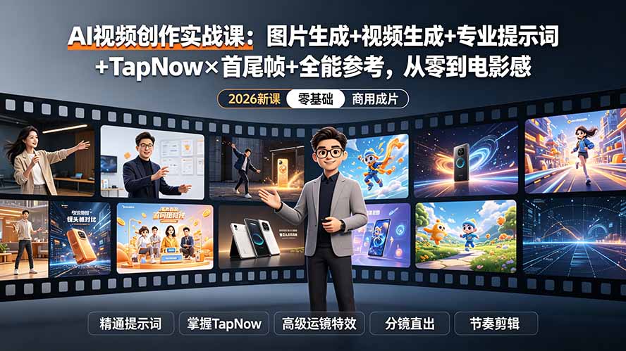 AI视频创作实战课:图片生成+视频生成+专业提示词+TapNow×首尾帧+全能参考,从零到电影感成片-800资源网