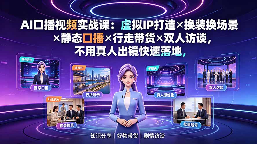 AI口播视频实战课:虚拟IP打造×换装换场景×静态口播×行走带货×双人访谈,不用真人出镜快速落地-800资源网