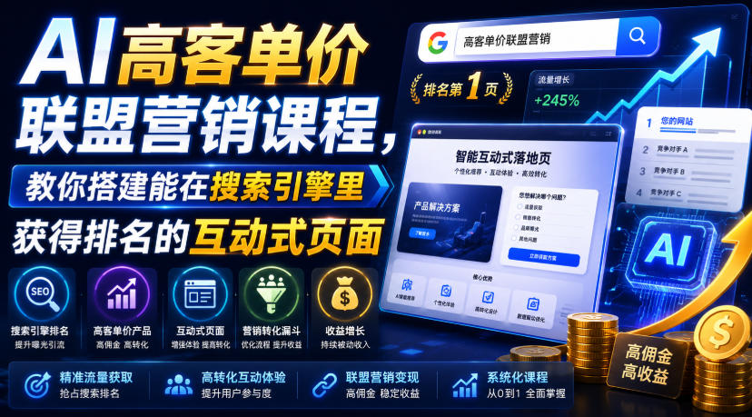 AI高客单价联盟营销课程,教你搭建能在搜索引擎里获得排名的互动式页面,引来流量,把访客转化为高佣金的成交【原创双语字幕】-800资源网