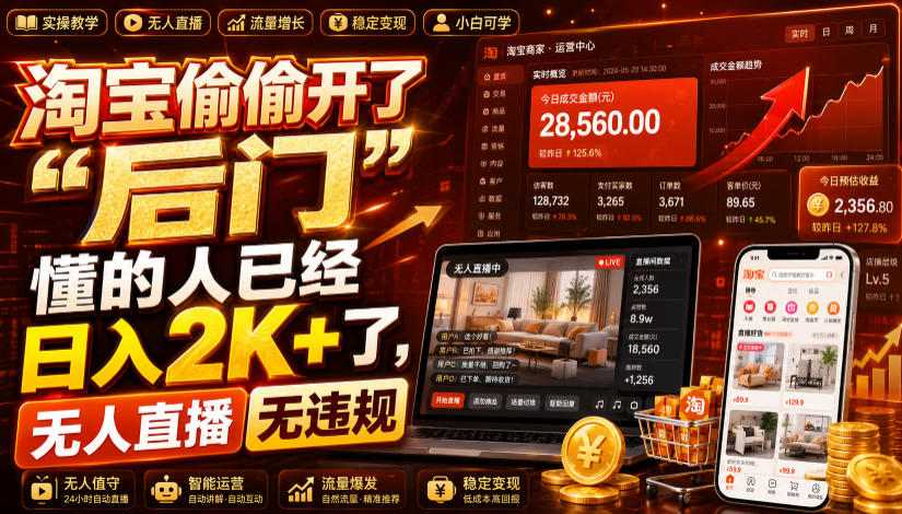 淘宝偷偷开了“后门”,懂的人已经日入2K+了,无人直播无违规,一台电脑=一家24小时营业的线上门店-800资源网