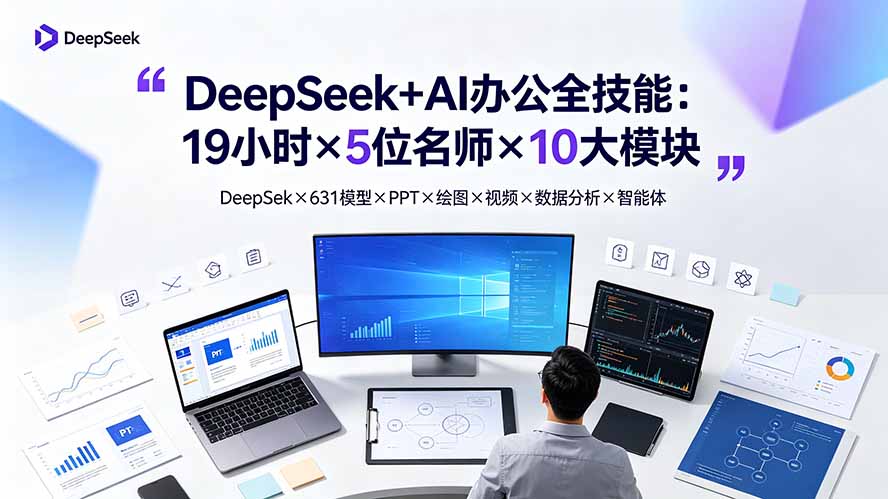 DeepSeek+AI办公全技能:19小时×5位名师×10大模块,DeepSeek×631模型×PPT×绘图×视频×数据分析×智能体-800资源网