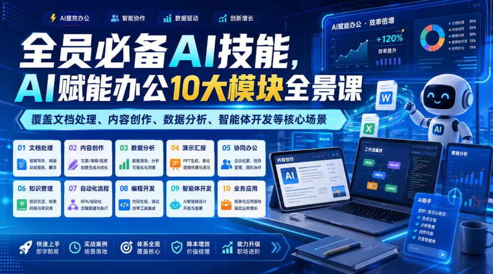 全员必备AI技能,AI赋能办公10大模块全景课,覆盖文档处理、内容创作、数据分析、智能体开发等核心场景-800资源网