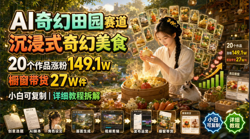 AI奇幻田园赛道,沉浸式奇幻美食,20个作品涨粉149.1W,橱窗带货27W件,小白可复制,详细教程拆解-800资源网