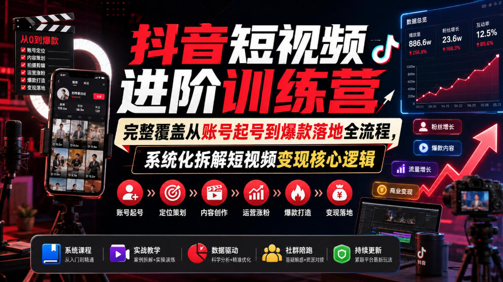 抖音短视频进阶训练营,完整覆盖从账号起号到爆款落地全流程,系统化拆解短视频变现核心逻辑-800资源网