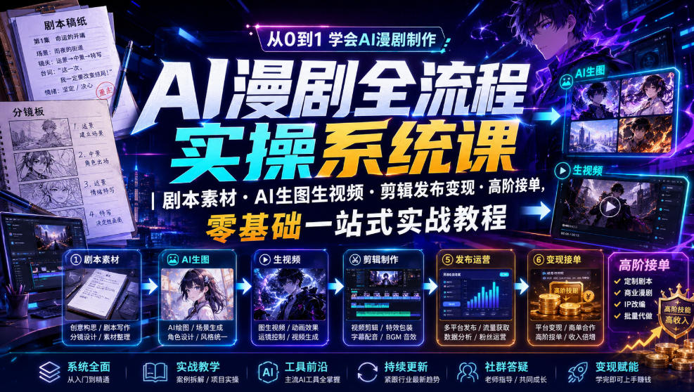 AI漫剧全流程实操系统课|剧本素材・AI生图生视频・剪辑发布变现・高阶接单,零基础一站式实战教程-800资源网