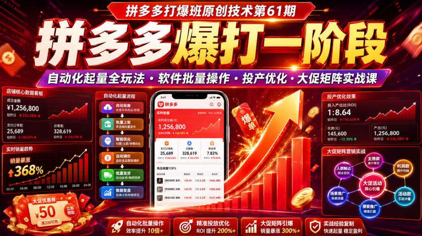 拼多多打爆班原创技术第61期,拼多多爆打一阶段,自动化起量全玩法・软件批量操作・投产优化・大促矩阵实战课-800资源网