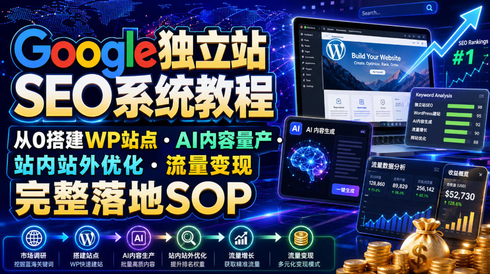 Google独立站SEO系统教程,从0搭建WP站点・AI内容量产・站内站外优化・流量变现完整落地SOP(2026年7月)-800资源网