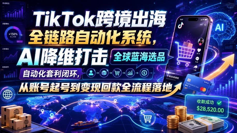TikTok跨境出海全链路自动化系统,AI降维打击全球蓝海选品自动化套利闭环,从账号起号到变现回款全流程落地(2026年7月)-800资源网