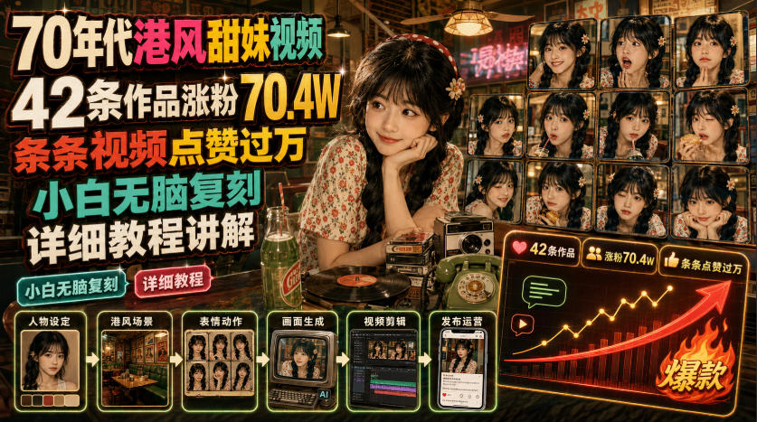 70年代港风甜妹视频,42条作品涨粉70.4W,条条视频点赞过万,小白无脑复刻,详细教程讲解-800资源网