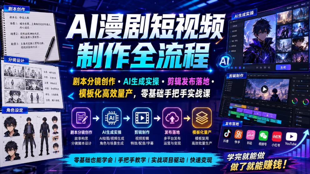 AI漫剧短视频制作全流程|剧本分镜创作・AI生成实操・剪辑发布落地・模板化高效量产,零基础手把手实战课-800资源网