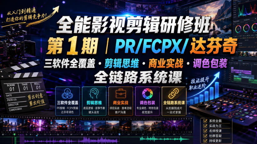 |PR/FCPX/达芬奇三软件全覆盖・剪辑思维・商业实战・调色包装全链路系统课
