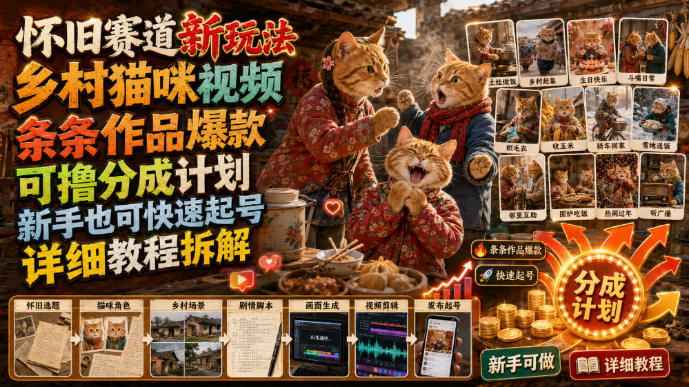 怀旧赛道新玩法,乡村猫咪视频,条条作品爆款,可撸分成计划,新手也可快速起号,详细教程拆解-800资源网