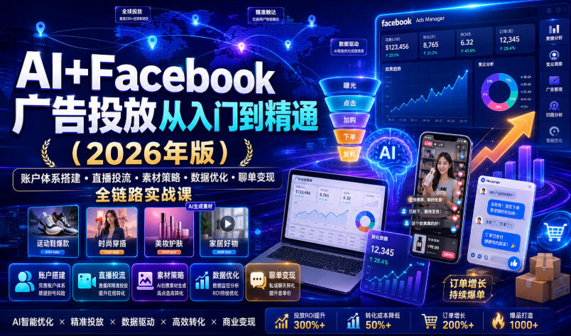 AI+Facebook广告投放从入门到精通(2026年版)|账户体系搭建・直播投流・素材策略・数据优化・聊单变现全链路实战课-800资源网