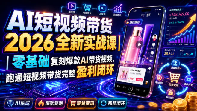 AI短视频带货2026全新实战课|零基础复刻爆款AI带货视频,跑通短视频带货完整盈利闭环-800资源网