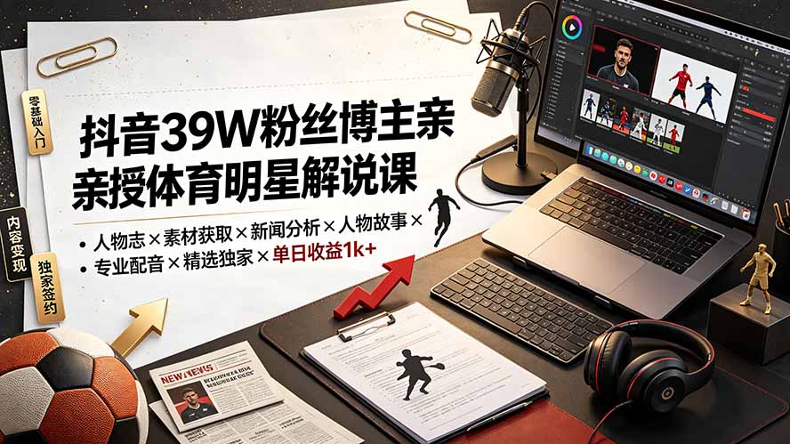 抖音39W粉丝博主亲授体育明星解说课:人物志×素材获取×新闻分析×人物故事×专业配音×精选独家×单日收益1k+-800资源网