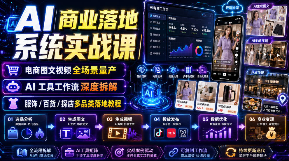 AI商业落地系统实战课｜电商图文视频全场景量产・AI工具工作流深度拆解・服饰/百货/探店多品类落地教程-800资源网