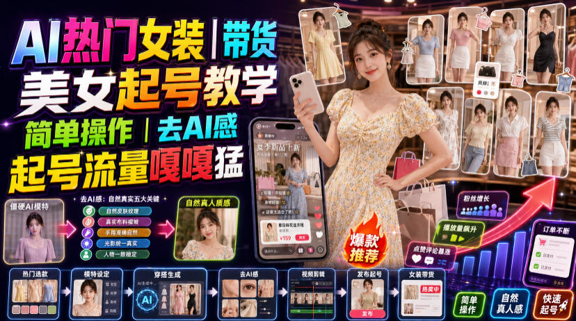 AI热门女装带货丨美女起号教学,简单操作,去AI感,起号流量嘎嘎猛-800资源网