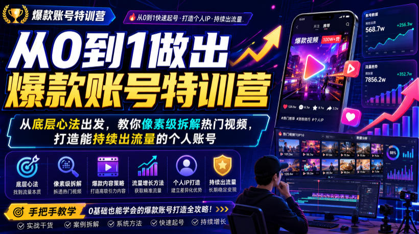 从0到1做出爆款账号特训营，从底层心法出发，教你像素级拆解热门视频，打造能持续出流量的个人账号-800资源网