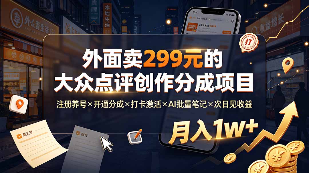 外面卖299元的大众点评创作分成项目：注册养号×开通分成×打卡激活×AI批量笔记×次日见收益，月入1w+-800资源网