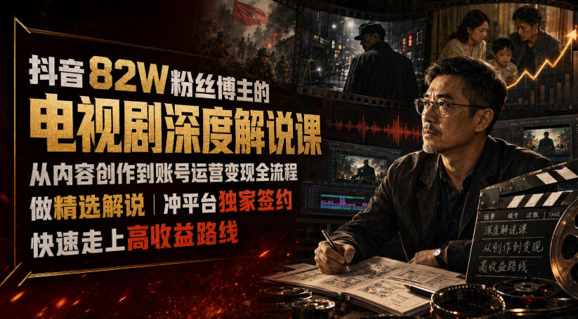 抖音82W粉丝博主的电视剧深度解说课，从内容创作到账号运营变现全流程，做精选解说，冲平台独家签约，快速走上高收益路线-800资源网