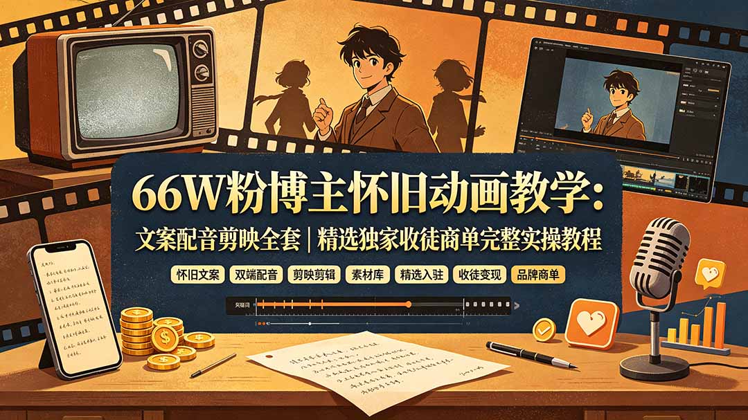 66W粉博主怀旧动画教学：文案配音剪映全套｜精选独家收徒商单完整实操教程-800资源网