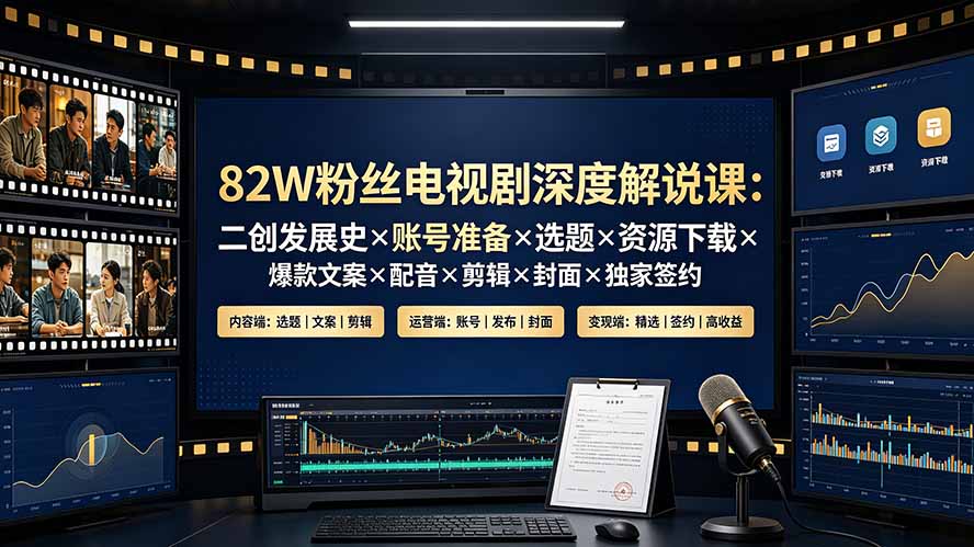 82W粉丝电视剧深度解说课：二创发展史×账号准备×选题×资源下载×爆款文案×配音×剪辑×封面×独家签约-800资源网