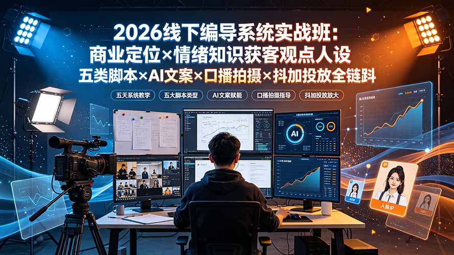 2026线下编导系统实战班：商业定位×情绪知识获客观点人设五类脚本×AI文案×口播拍摄×抖加投放全链路-800资源网