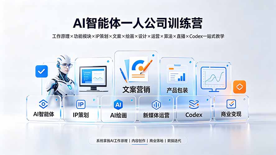 AI智能体一人公司训练营：工作原理×功能模块×IP策划×文案×绘画×设计×运营×算法×直播×Codex一站式教学-800资源网