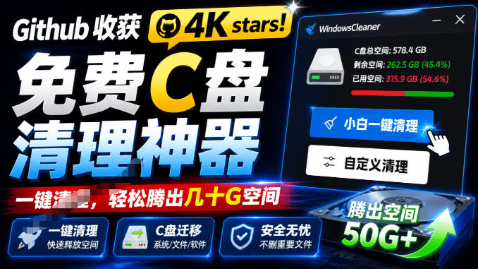 Github收获4K stars！免费C盘清理神器，轻松腾出几十G空间，支持C盘迁移Windows Cleaner-800资源网