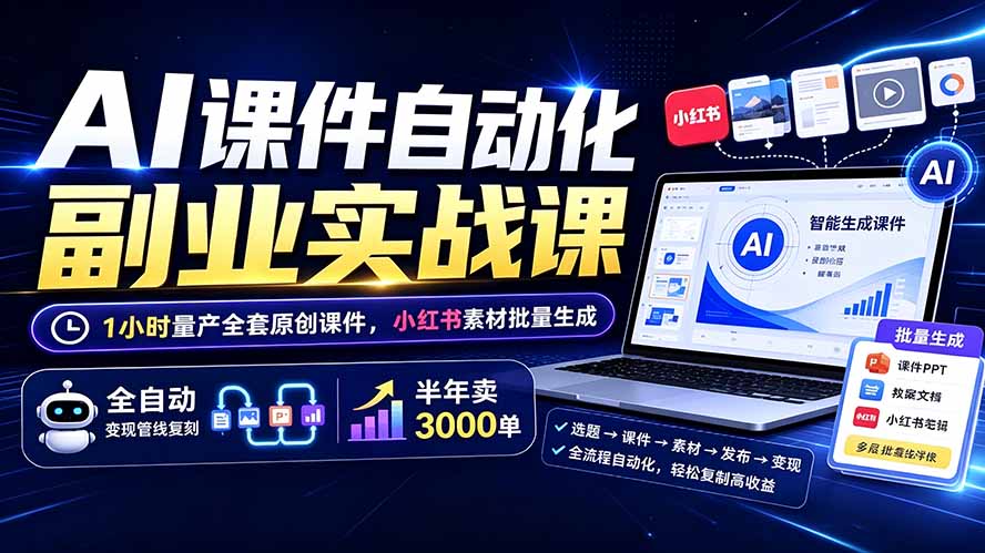 AI课件自动化副业实战课：1小时量产全套原创课件×小红书素材批量生成×全自动变现管线×半年卖3000单-800资源网