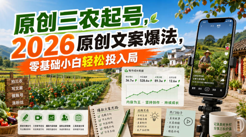 原创三农起号,2026原创文案爆法,零基础小白轻松投入局-800资源网