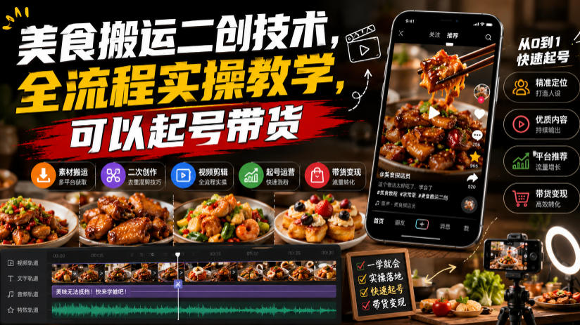 美食搬运二创技术,全流程实操教学,可以起号带货-800资源网