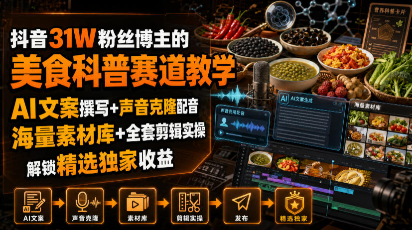 抖音31W粉丝博主的美食科普赛道教学，AI文案撰写+声音克隆配音+剪辑实操，解锁精选独家收益-800资源网