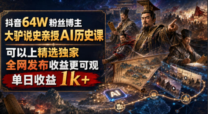 抖音64W粉丝博主大驴说史亲授AI历史课，可以上精选独家，全网发布收益更可观，单日收益1k+-800资源网