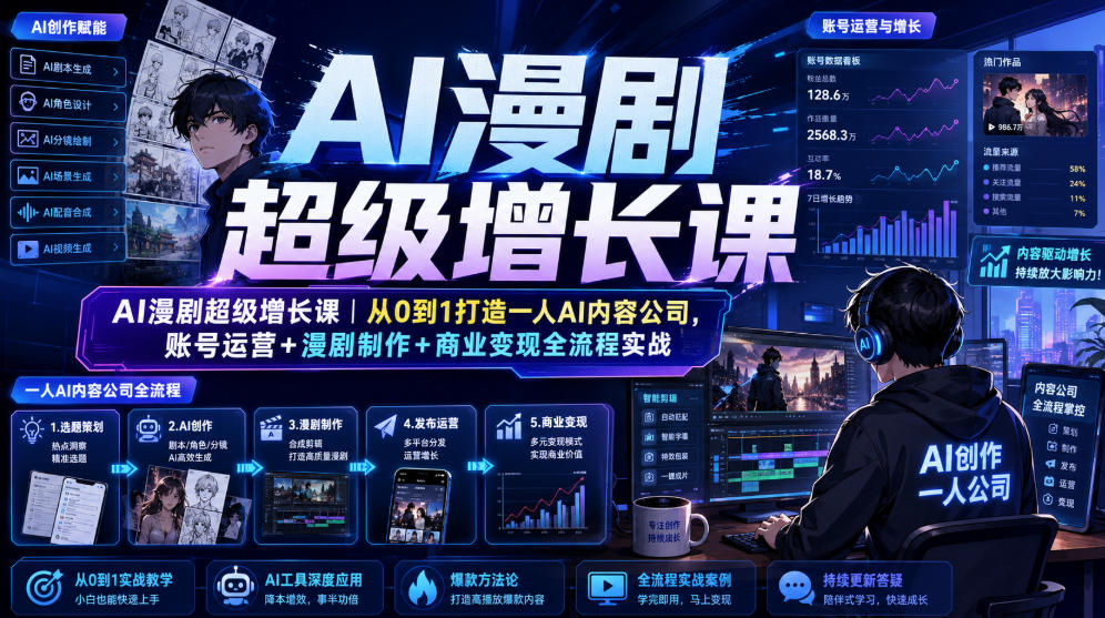 AI漫剧超级增长课｜从0到1打造一人AI内容公司，账号运营+漫剧制作+商业变现全流程实战-800资源网