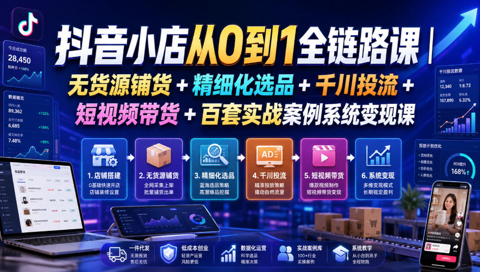抖音小店从0到1全链路课｜无货源铺货+精细化选品+千川投流+短视频带货+百套实战案例系统变现课（2026年7月更新）-800资源网