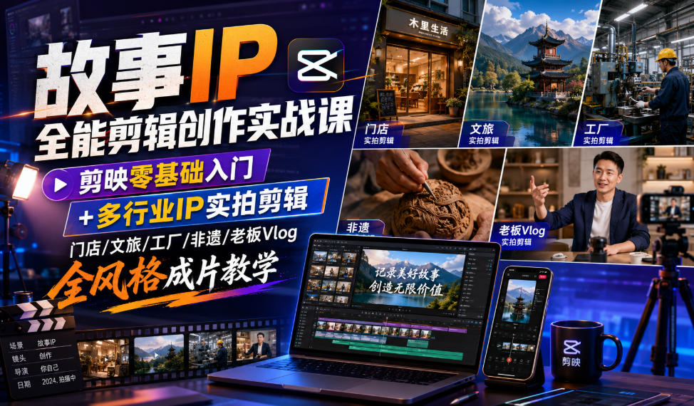故事IP全能剪辑创作实战课｜剪映零基础入门+多行业IP实拍剪辑，门店/文旅/工厂/非遗/老板Vlog全风格成片教学-800资源网
