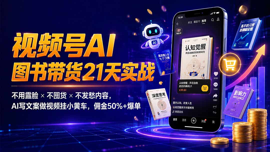 繁花视频号AI图书带货21天实战：不用露脸×不囤货×不发愁内容，AI写文案做视频挂小黄车，佣金50%+爆单-800资源网