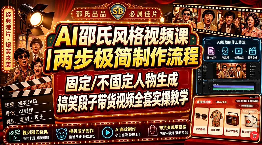 AI邵氏风格视频课|两步极简制作流程,固定/不固定人物生成,搞笑段子带货视频全套实操教学-800资源网