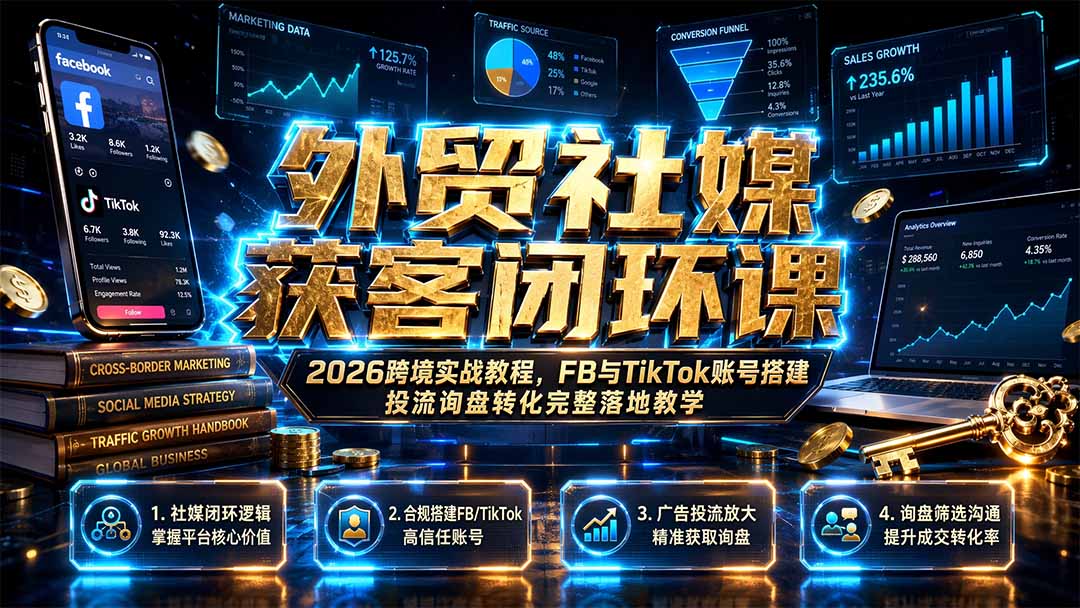 外贸社媒获客闭环课|2026跨境实战教程,FB与TikTok账号搭建投流询盘转化完整落地教学-800资源网